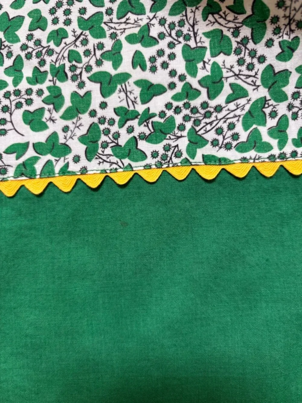 Vintage Green and white floral half apron yellow trim